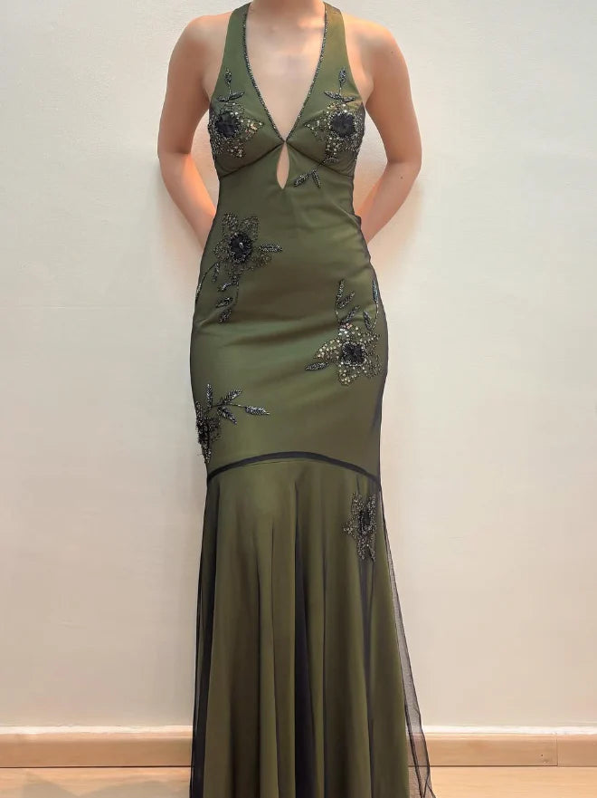 Weitese Dress Vintage Mermaid V Neck Beaded Green Chiffon Satin Prom Dress Evening Dress Party Dress