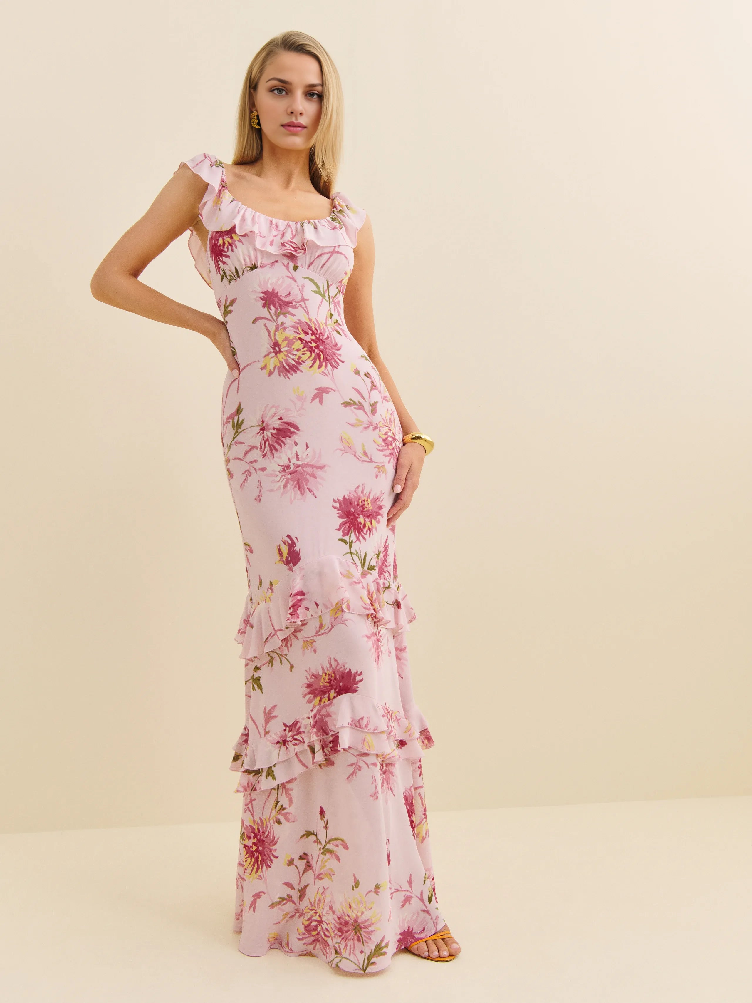 Weitese Dress Vintage Round Neck Cap Sleeve Mermaid Prom Dress Maxi Dress Sheath Backless Flower Printed Evening Dress