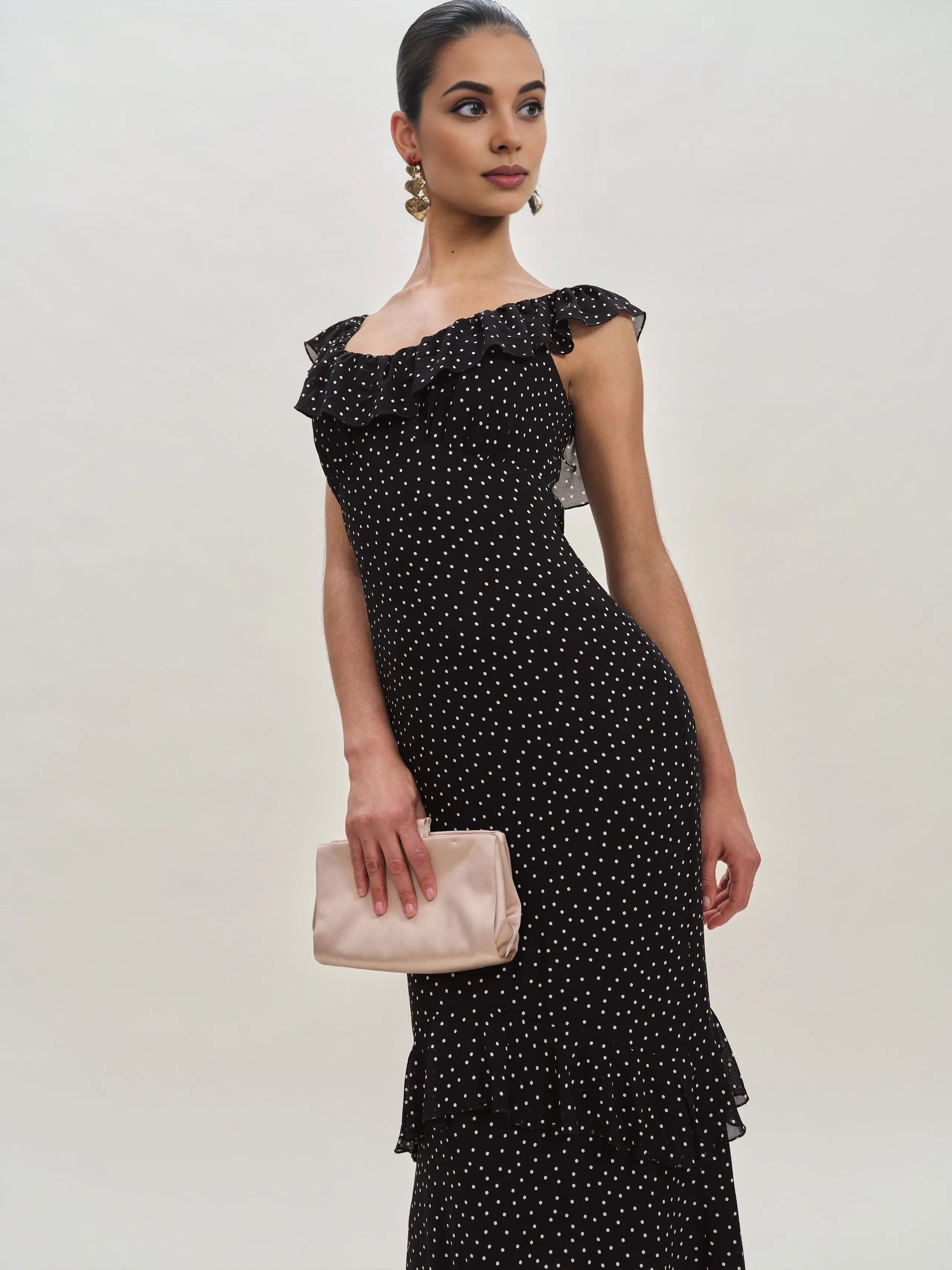 Weitese Dress Vintage Round Neck Cap Sleeve Mermaid Prom Dress Maxi Dress Sheath Backless Polka Dots Evening Dress