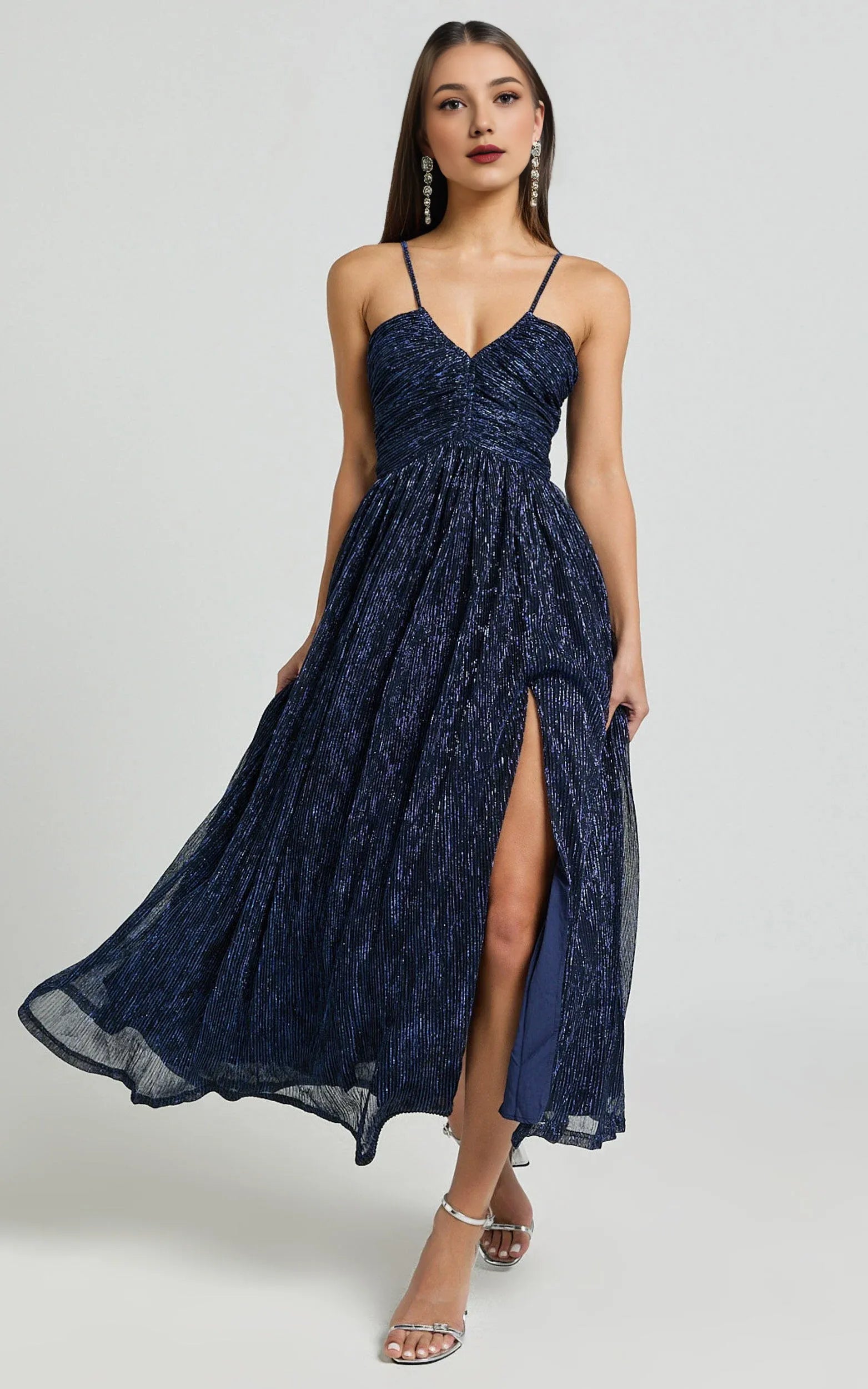 Robe de cocktail vintage à corsage froncé Weitese, robe de bal bleu marine, coupe trapèze, couleur unie, bretelles spaghetti 