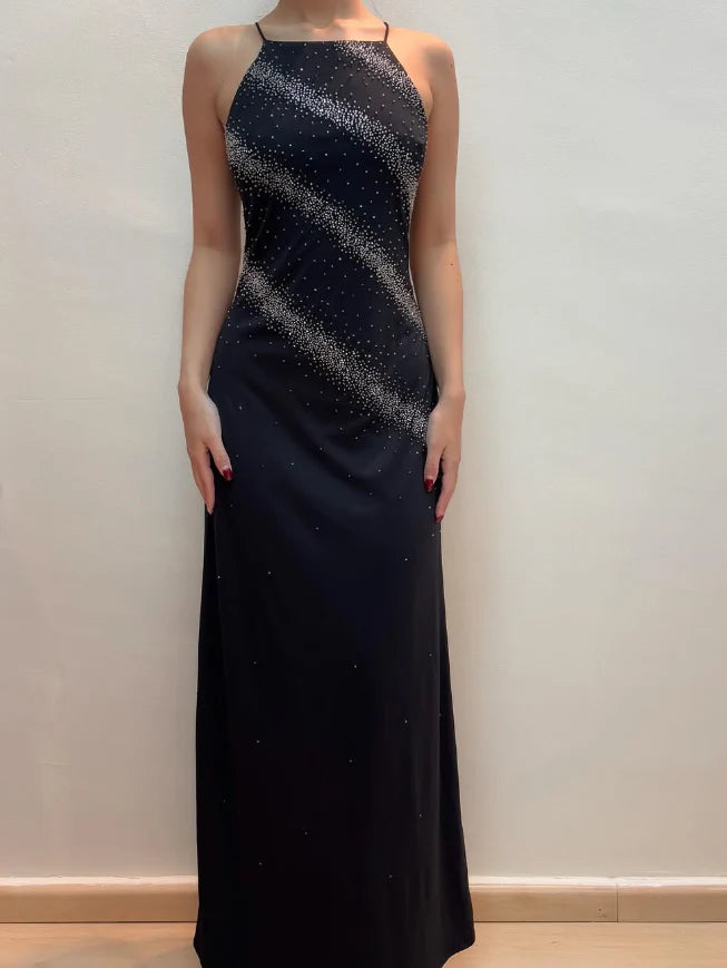 Weitese Dress Vintage Sheath Spaghetti Strap Beaded Black Prom Dress Evening Dress Party Dress
