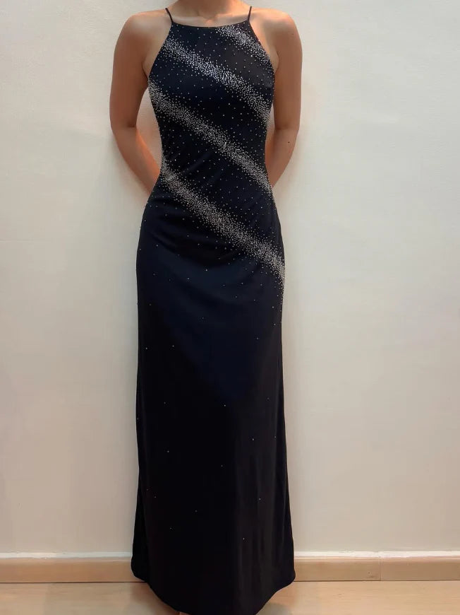 Weitese Dress Vintage Sheath Spaghetti Strap Beaded Black Prom Dress Evening Dress Party Dress