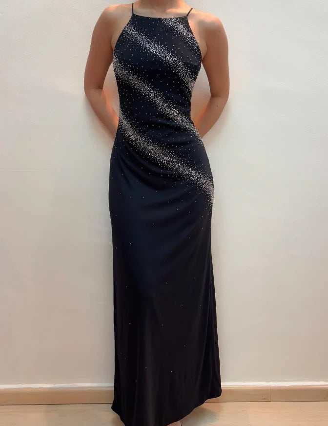 Weitese Dress Vintage Sheath Spaghetti Strap Beaded Black Prom Dress Evening Dress Party Dress