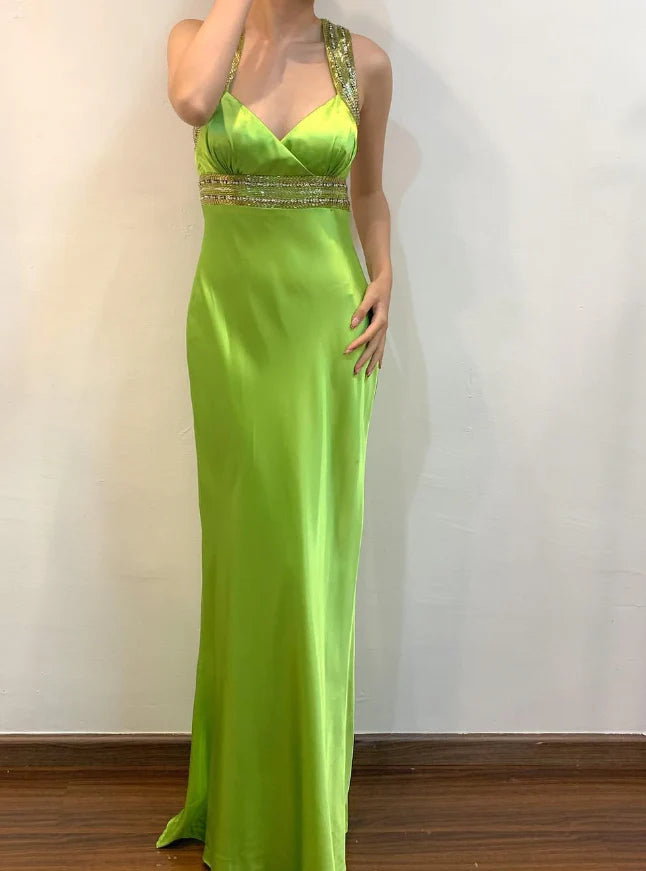 Weitese Dress Vintage Sheath Strap Beaded Sequin Green Satin Open Back Prom Dress Evening Dress Party Dress