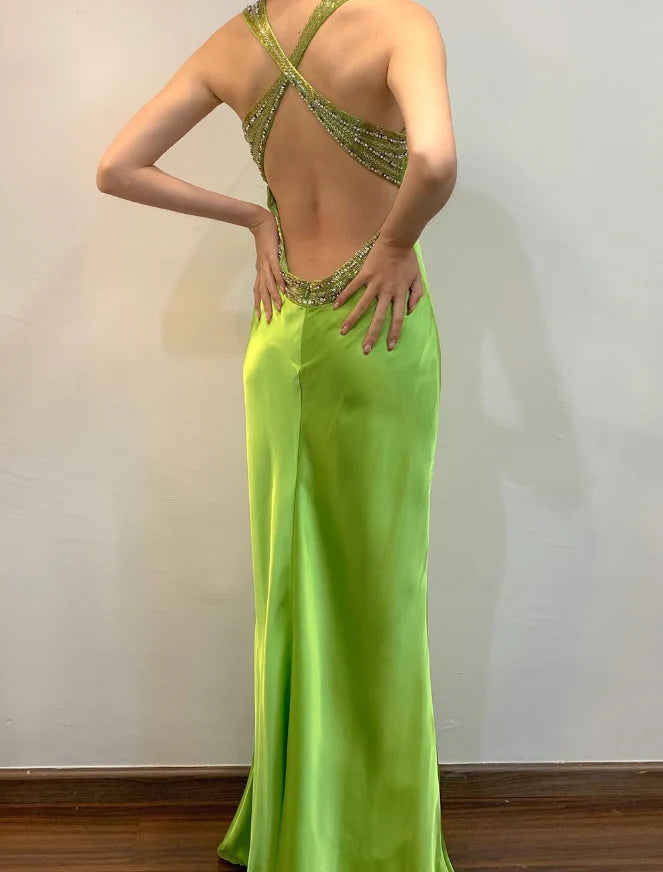 Weitese Dress Vintage Sheath Strap Beaded Sequin Green Satin Open Back Prom Dress Evening Dress Party Dress