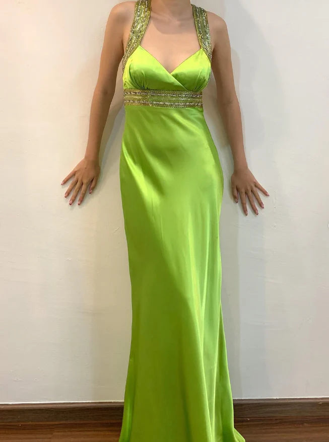 Weitese Dress Vintage Sheath Strap Beaded Sequin Green Satin Open Back Prom Dress Evening Dress Party Dress