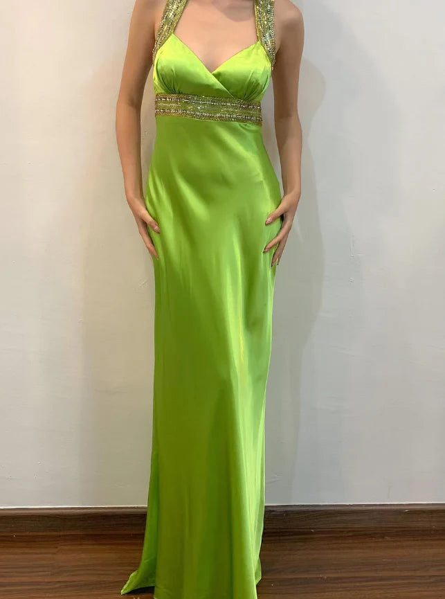 Weitese Dress Vintage Sheath Strap Beaded Sequin Green Satin Open Back Prom Dress Evening Dress Party Dress