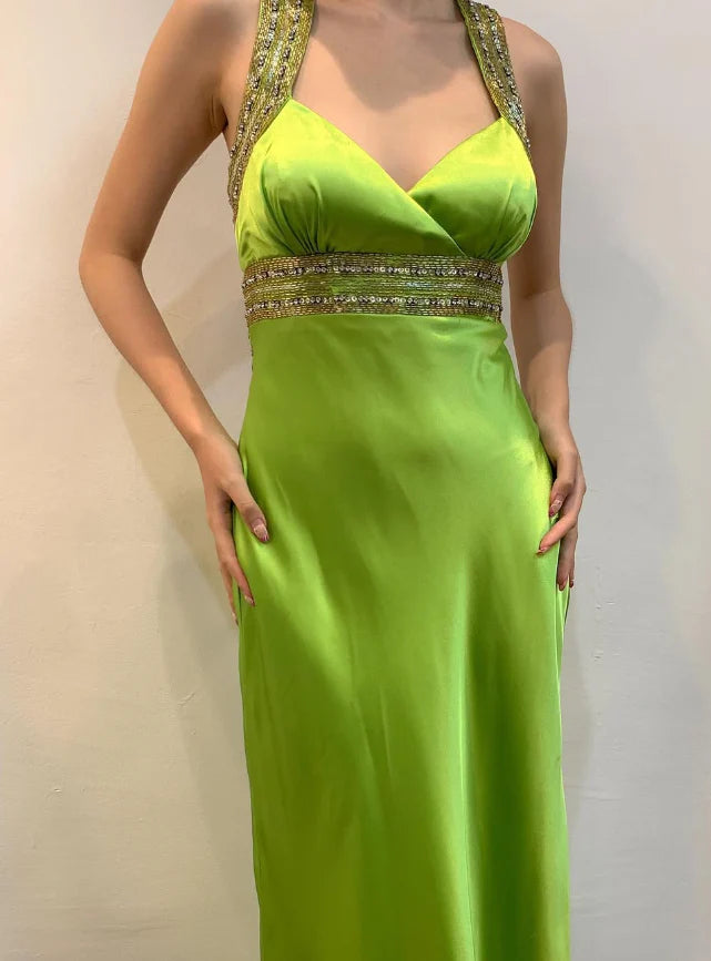 Weitese Dress Vintage Sheath Strap Beaded Sequin Green Satin Open Back Prom Dress Evening Dress Party Dress