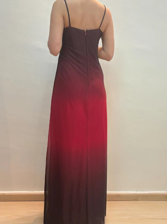 Weitese Dress Vintage Sheath Straps Rhinestone Ombre Red Chiffon Prom Dress Evening Dress Party Dress