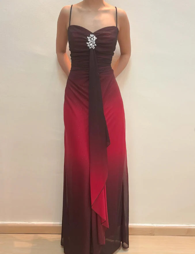 Weitese Dress Vintage Sheath Straps Rhinestone Ombre Red Chiffon Prom Dress Evening Dress Party Dress