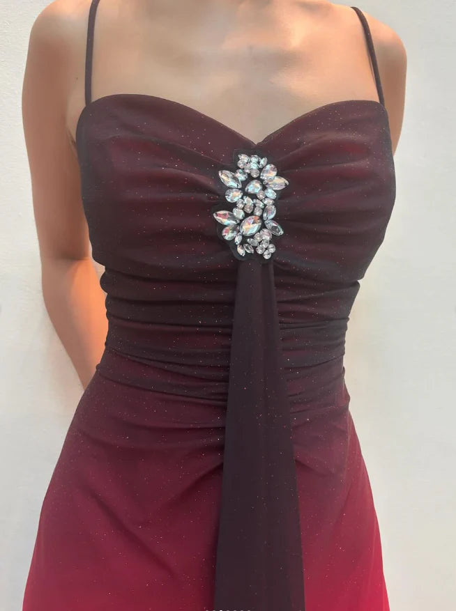 Weitese Dress Vintage Sheath Straps Rhinestone Ombre Red Chiffon Prom Dress Evening Dress Party Dress