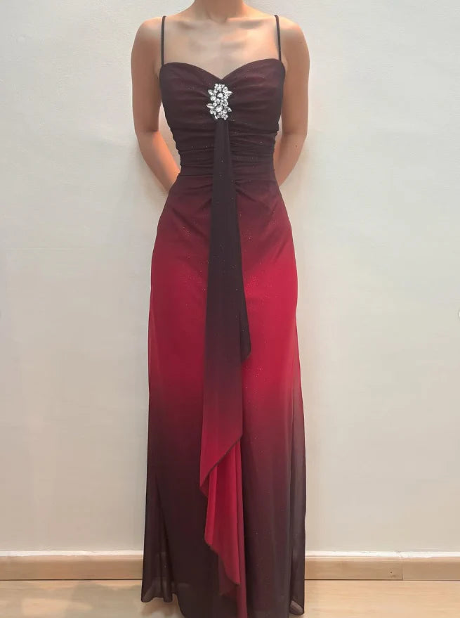 Weitese Dress Vintage Sheath Straps Rhinestone Ombre Red Chiffon Prom Dress Evening Dress Party Dress