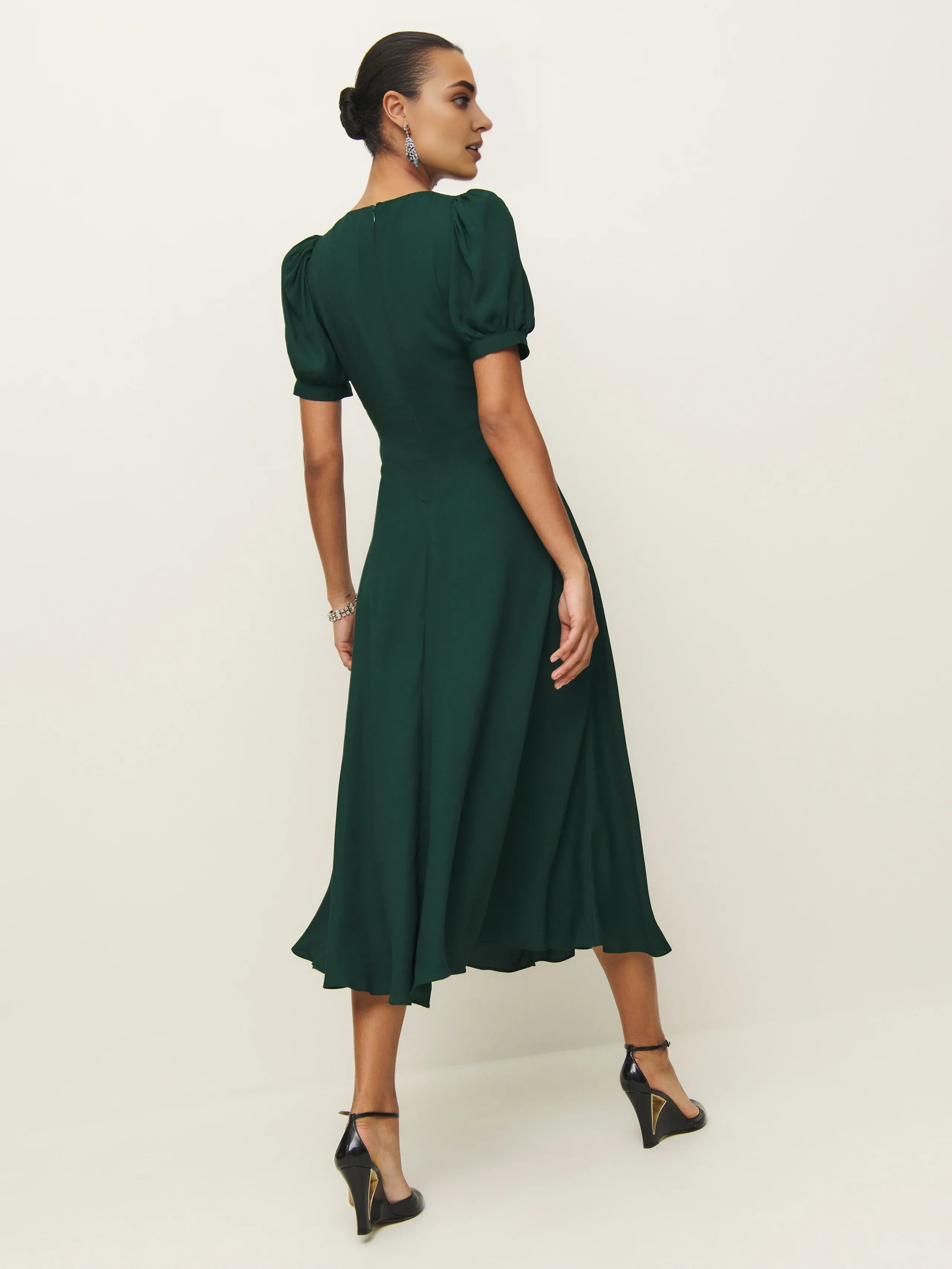 Robe Weitese vintage couleur unie col en V profond manches courtes robe de bal trapèze robe longue dos couverture complète robe de soirée 