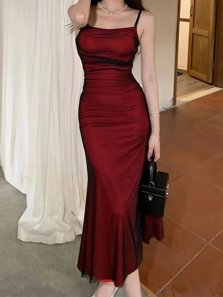 Weitese Dress Vintage Spaghetti Strap Midi Prom Dress Mermaid Sleeveless Party Dress