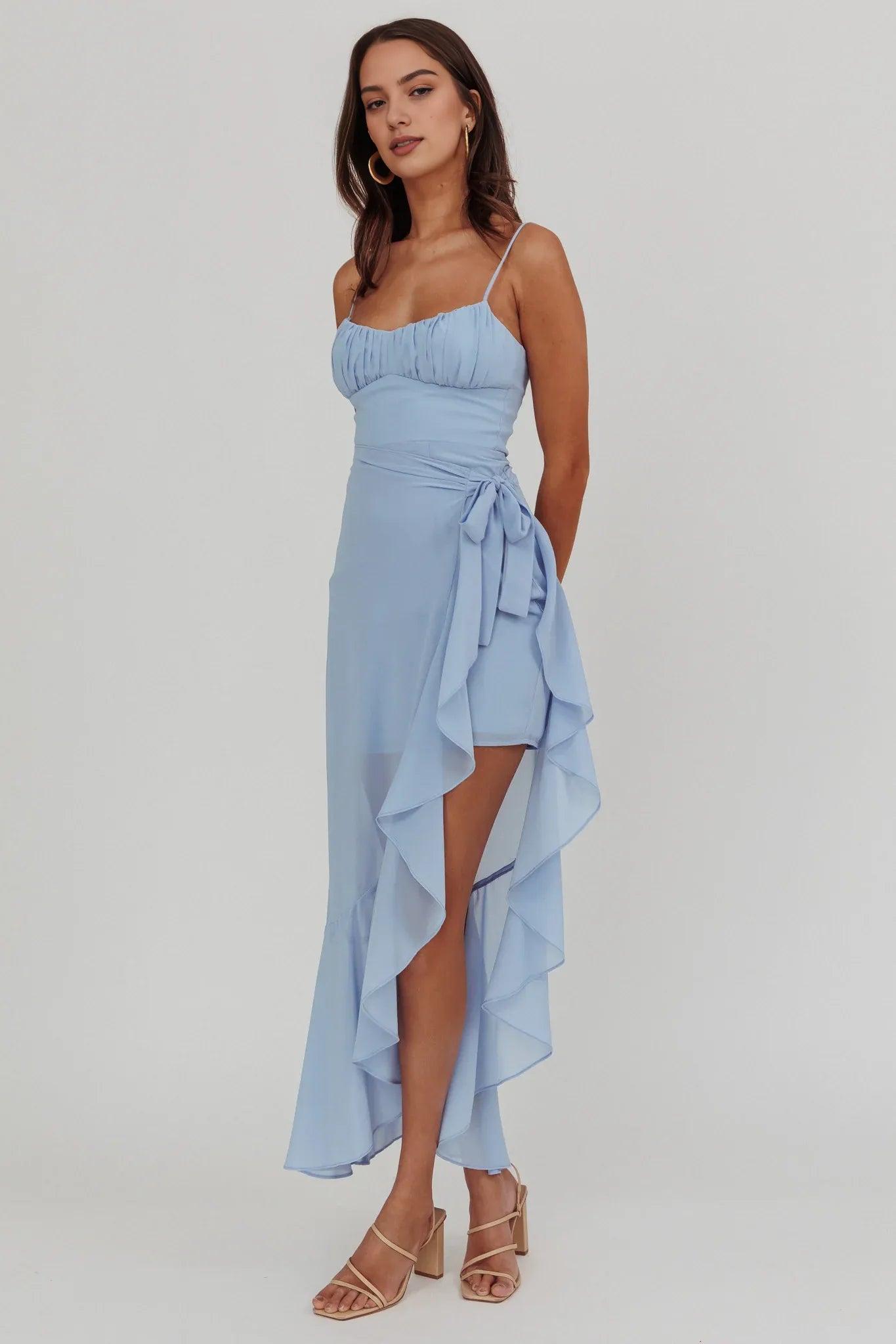 Weitese Dress Waist Tie Spaghetti Straps Sheath/Column Prom Dress Asymmetric Dress Pink Sleeveless Party Dress