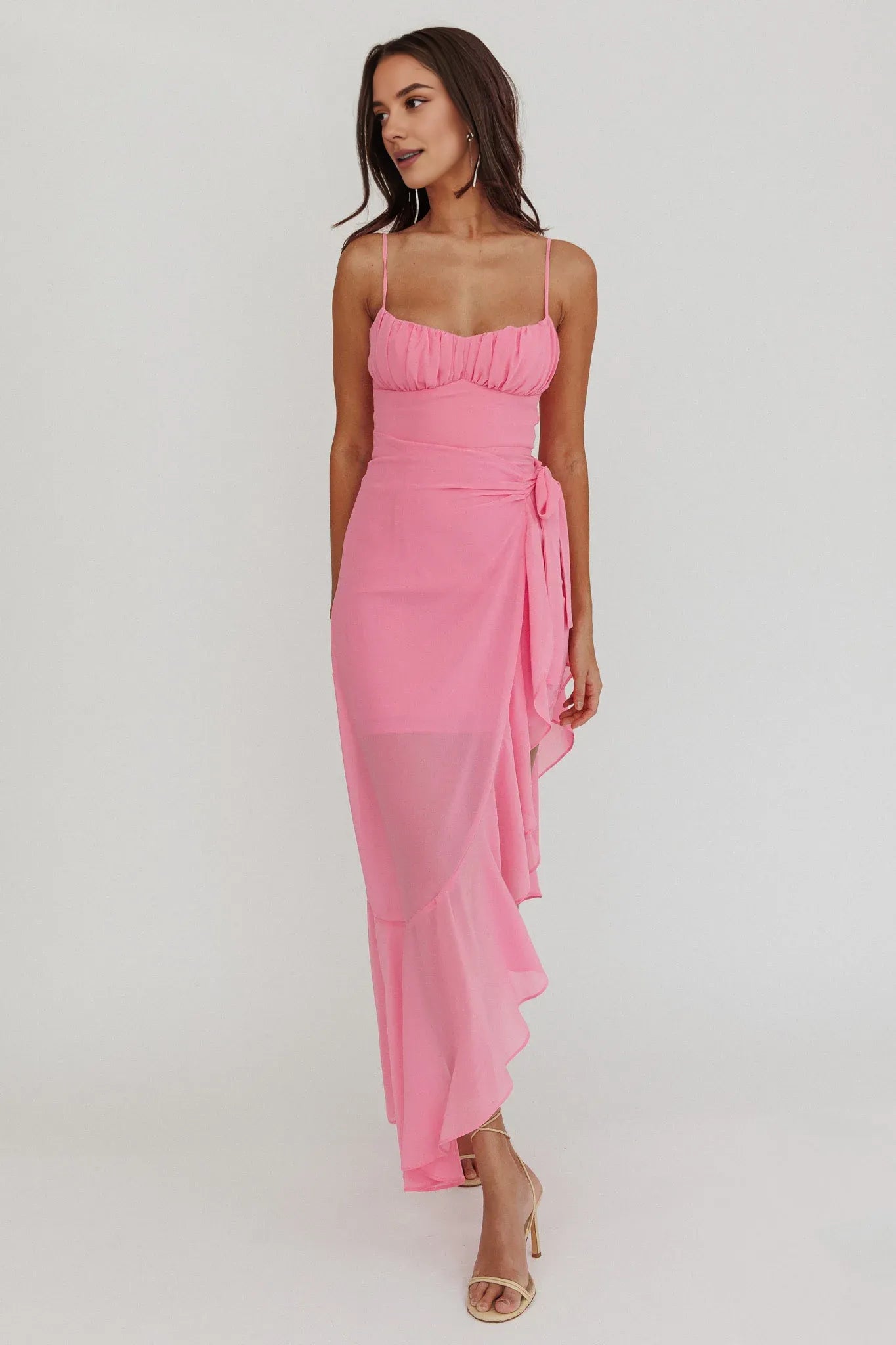 Weitese Dress Waist Tie Spaghetti Straps Sheath/Column Prom Dress Asymmetric Dress Pink Sleeveless Party Dress