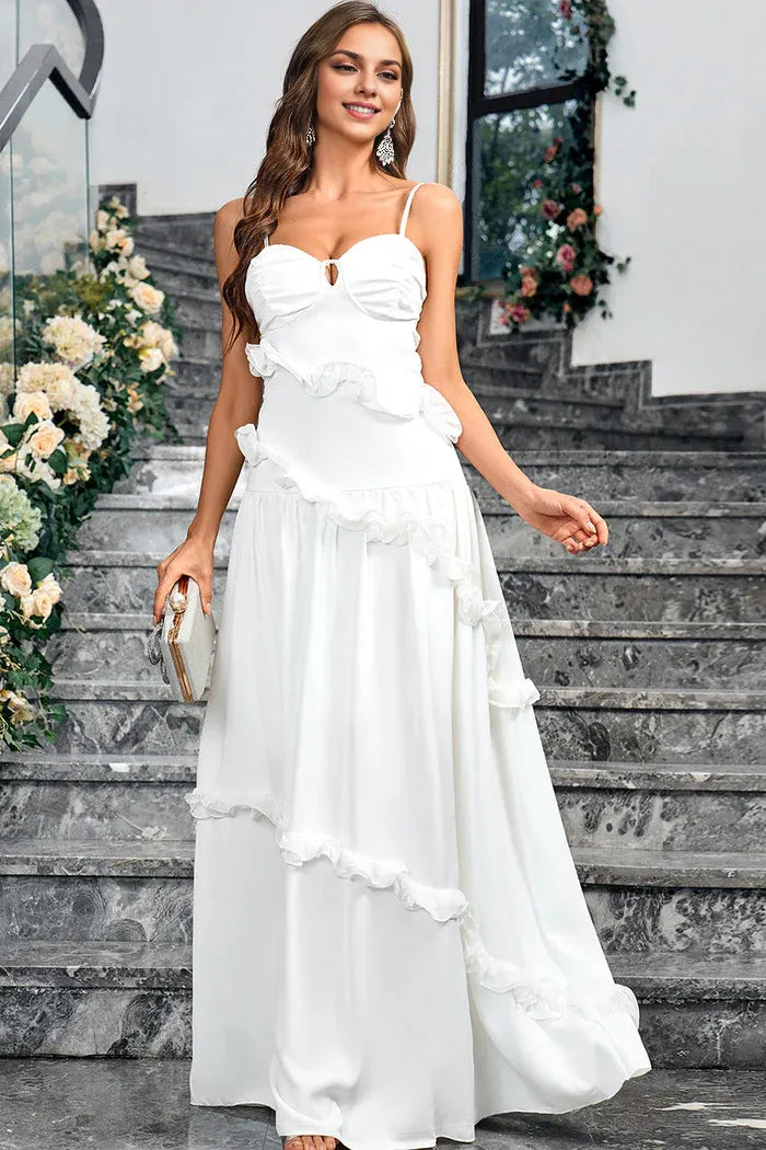 Vestido Weitese blanco de corte A, escote corazón, tirantes finos, vestido largo, vestido de fiesta, vestido formal con volantes, vestido de noche. 