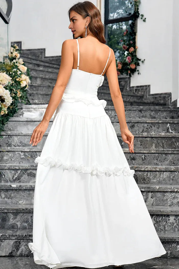 Vestido Weitese blanco de corte A, escote corazón, tirantes finos, vestido largo, vestido de fiesta, vestido formal con volantes, vestido de noche. 