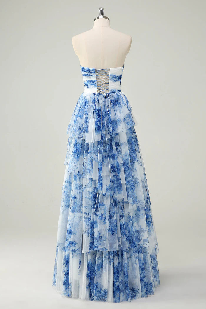 Robe Weitese blanche à fleurs bleues, robe trapèze sans bretelles, robe de bal, robe de soirée à volants 