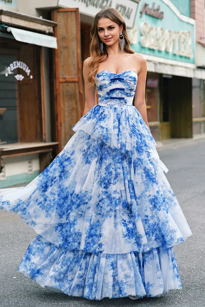 Vestido Weitese con flores blancas y azules, corte A, sin tirantes, largo, para fiesta, formal, con capas, de noche. 