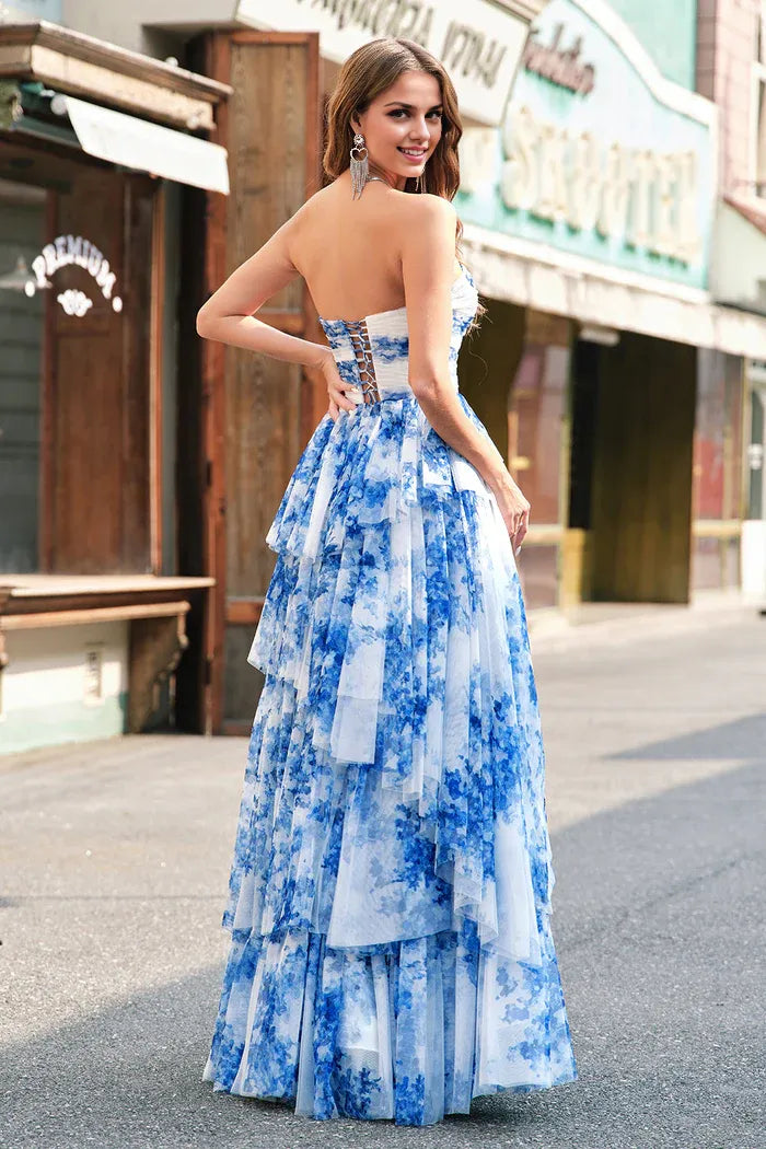 Vestido Weitese con flores blancas y azules, corte A, sin tirantes, largo, para fiesta, formal, con capas, de noche. 