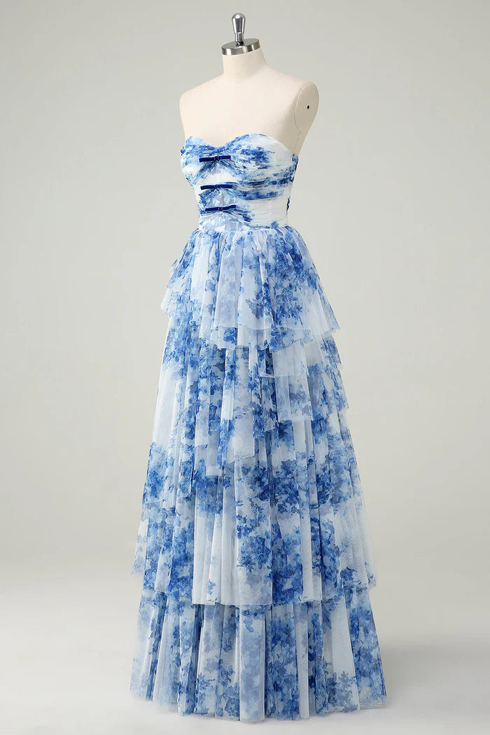 Vestido Weitese con flores blancas y azules, corte A, sin tirantes, largo, para fiesta, formal, con capas, de noche. 