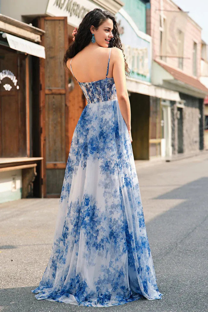 Robe Weitese blanche à fleurs bleues, bretelles spaghetti, corset froncé, robe de soirée longue sans manches avec fente, robe de bal 