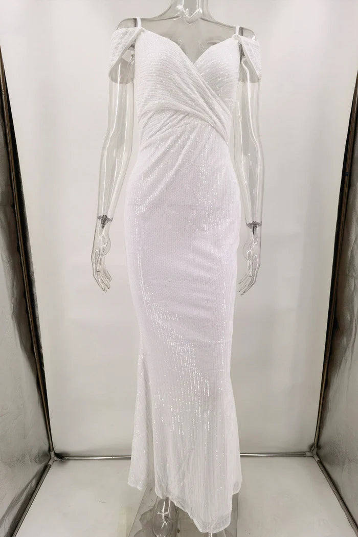 Weitese Dress White Off-the-Shoulder Prom Dress Maxi Dress Spaghetti Straps Sleeveless Mermaid Sparkly Party Dress