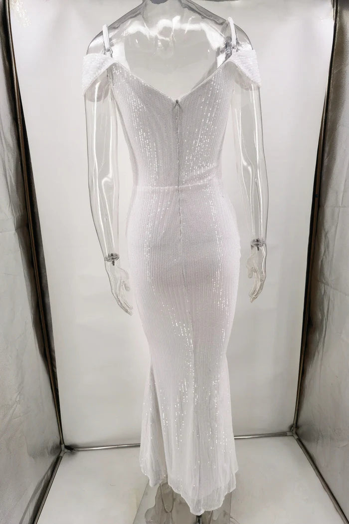 Weitese Dress White Off-the-Shoulder Prom Dress Maxi Dress Spaghetti Straps Sleeveless Mermaid Sparkly Party Dress