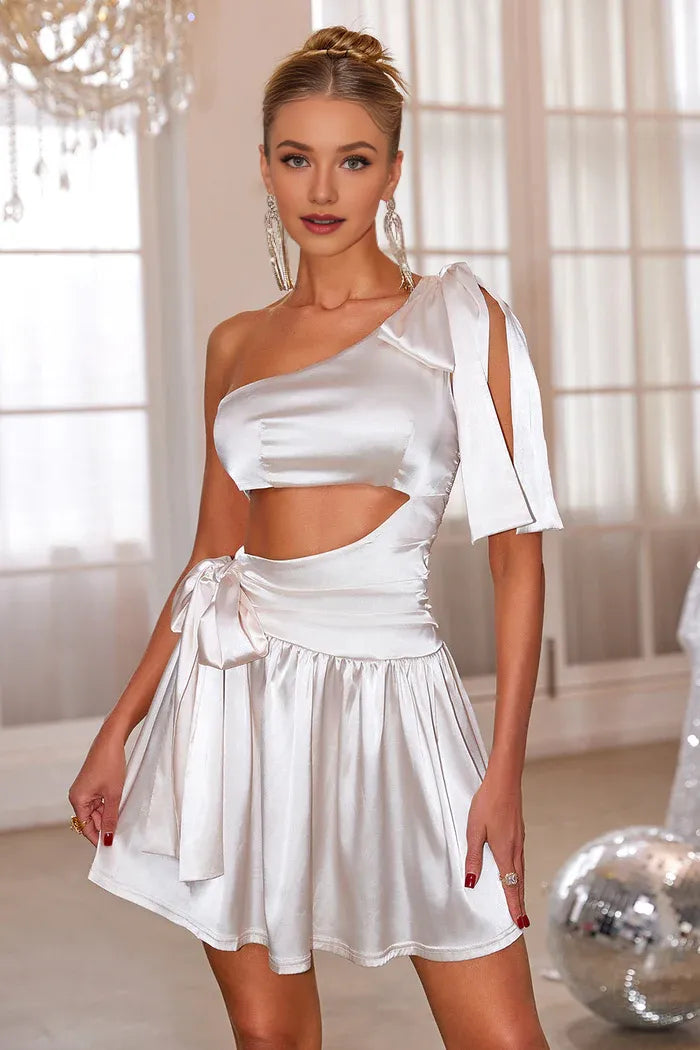 Weitese Dress White One Shoulder Hollow Out Short Homecoming Dress Sleeveless Satin Party Dress