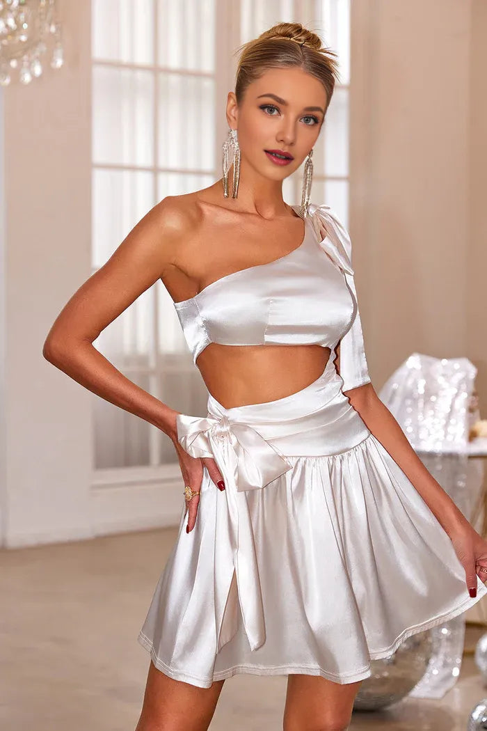 Weitese Dress White One Shoulder Hollow Out Short Homecoming Dress Sleeveless Satin Party Dress