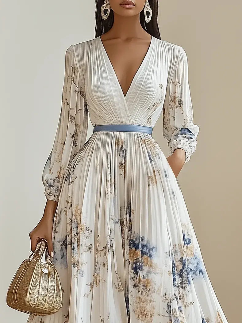 Weitese Dress White Pleated Chiffon V Neck  Prom Dress Floral Long Balloon Sleeve Flower Printed A-Line Maxi Dress