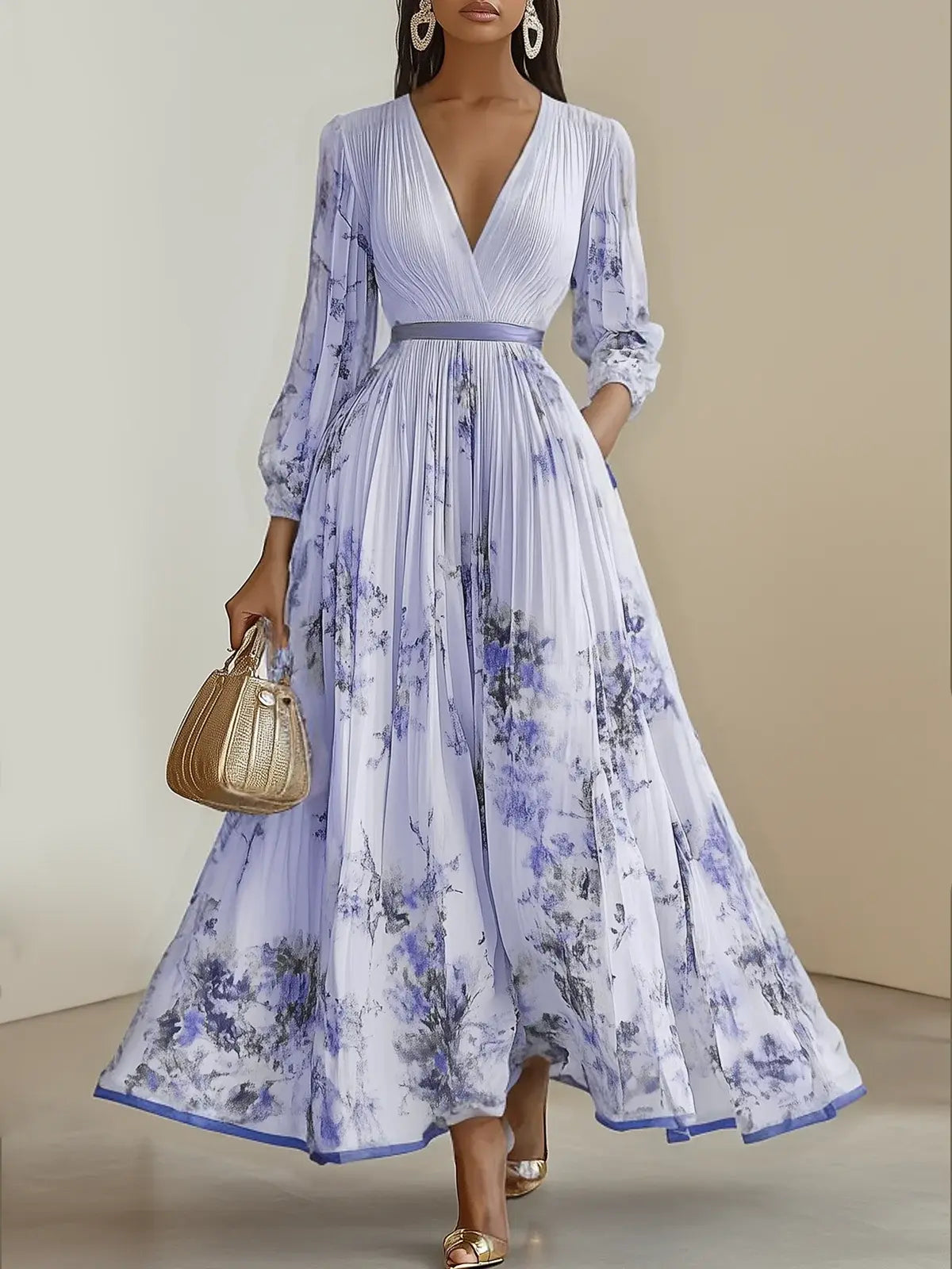 Weitese Dress White Pleated Chiffon V Neck  Prom Dress Floral Long Balloon Sleeve Flower Printed A-Line Maxi Dress