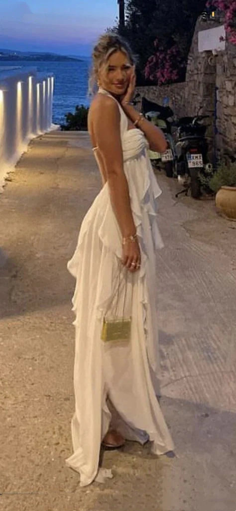Weitese Dress White Pure Color Youthful Elegant Sweet Long Chiffon Ruffle Irregular Skirt Seaside Beach Holiday Party Dress Evening Dress Prom Dress