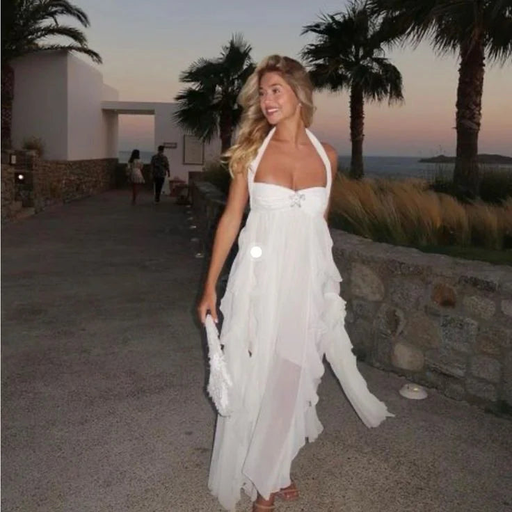 Weitese Dress White Pure Color Youthful Elegant Sweet Long Chiffon Ruffle Irregular Skirt Seaside Beach Holiday Party Dress Evening Dress Prom Dress