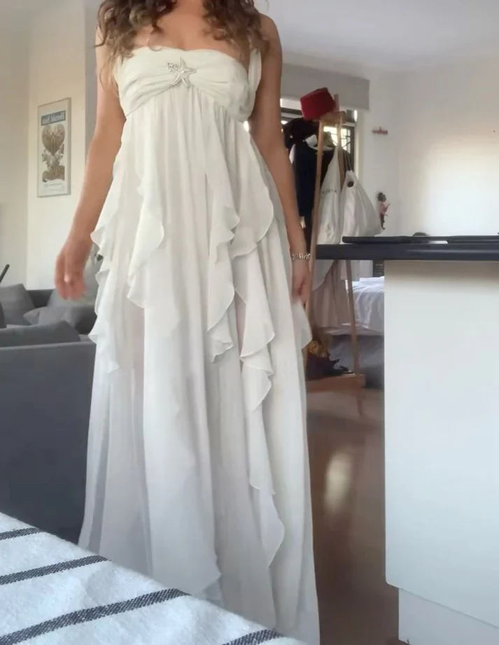 Weitese Dress White Pure Color Youthful Elegant Sweet Long Chiffon Ruffle Irregular Skirt Seaside Beach Holiday Party Dress Evening Dress Prom Dress