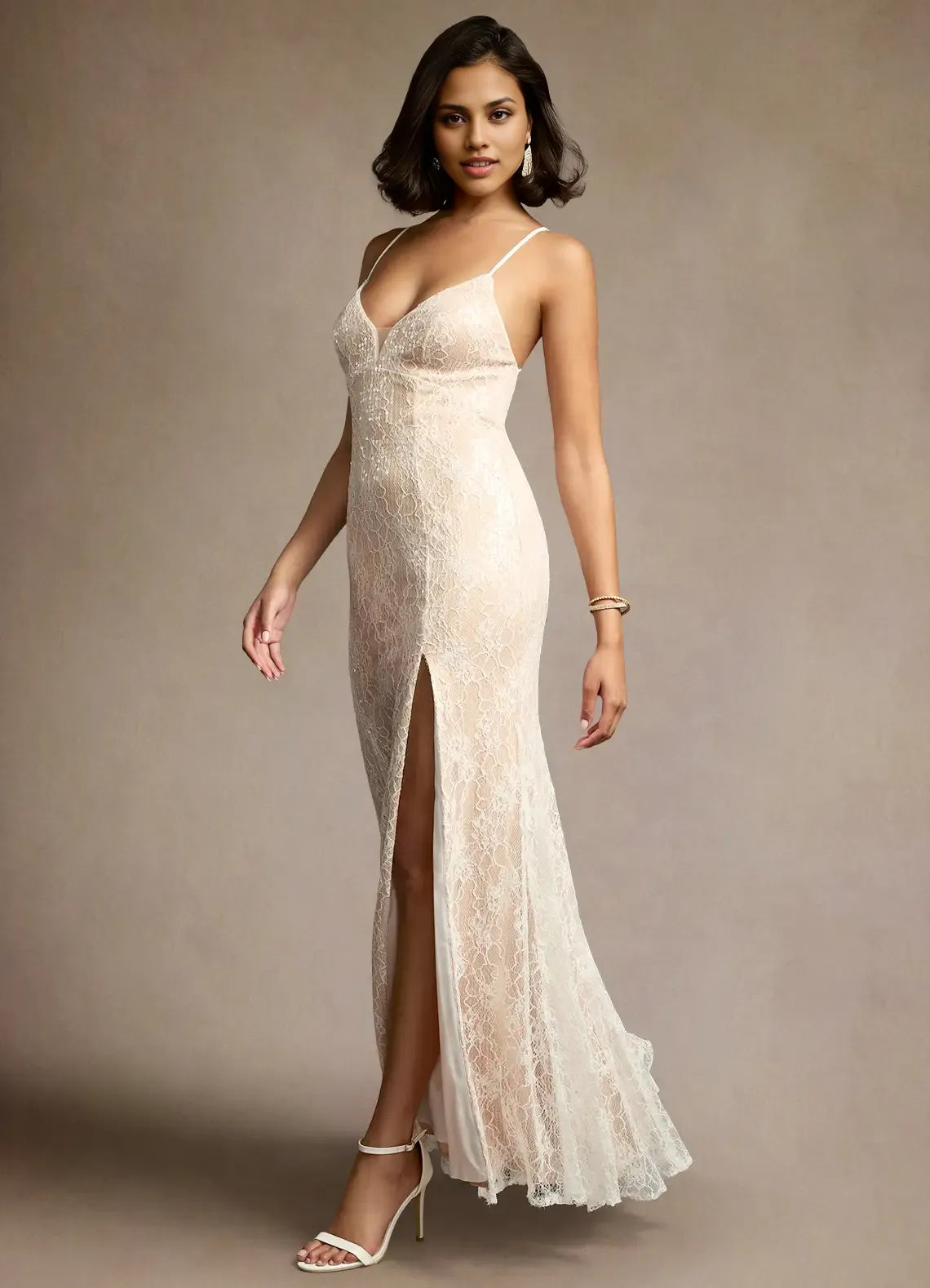 Weitese Dress White Romantic Lace Spaghetti Straps Maxi Dress Sleeveless Slit Lace Up Mermaid Backless Prom Dress