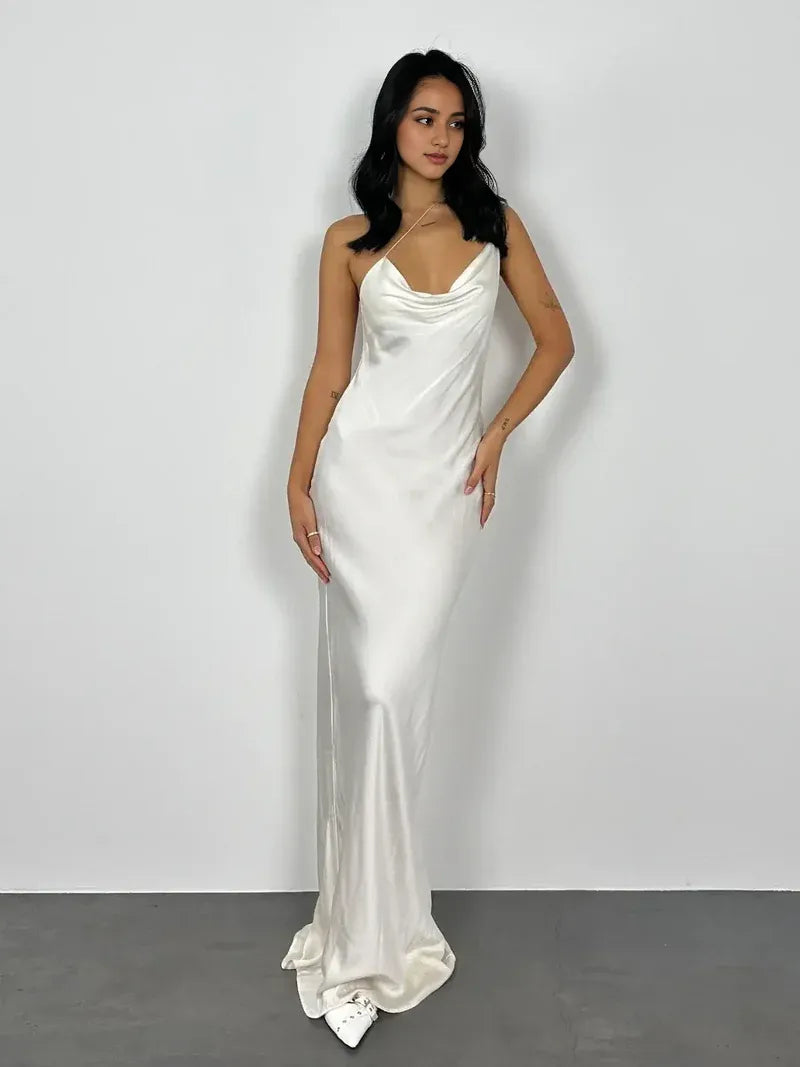 Weitese Dress White Spaghetti Straps Sleeveless Prom Dress Cowl Neck Pleated Floor Length Evening Dress