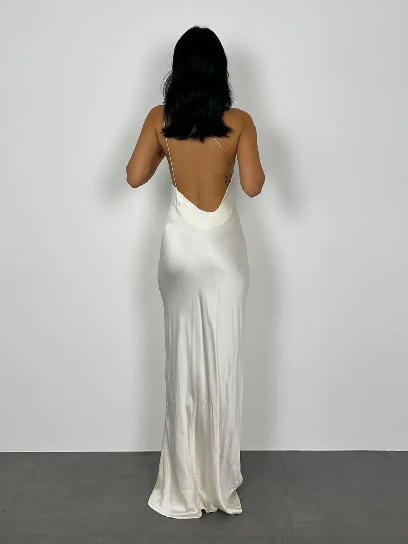 Weitese Dress White Spaghetti Straps Sleeveless Prom Dress Cowl Neck Pleated Floor Length Evening Dress