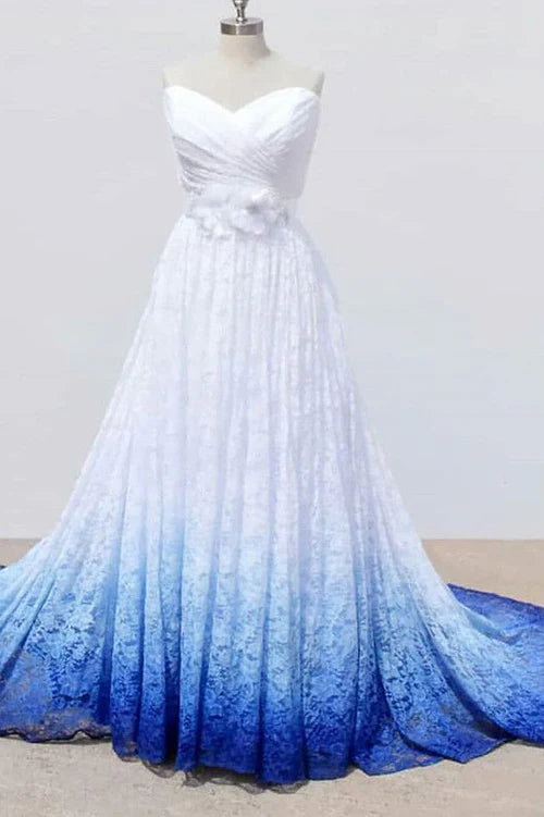 Weitese Dress White Sweetheart Lace Wedding Dresses Ombre Wedding Dresses with Flowers