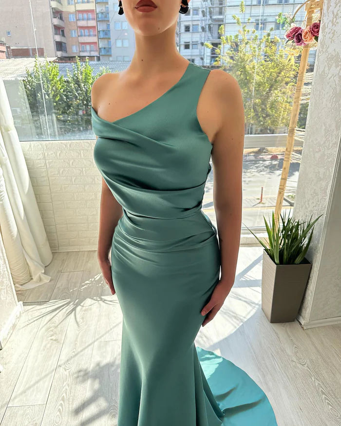 Weitese Dress Wide Straps Mermaid Long Green Elegant Sleeveless Sweep/Brush Train Satin Prom Dress