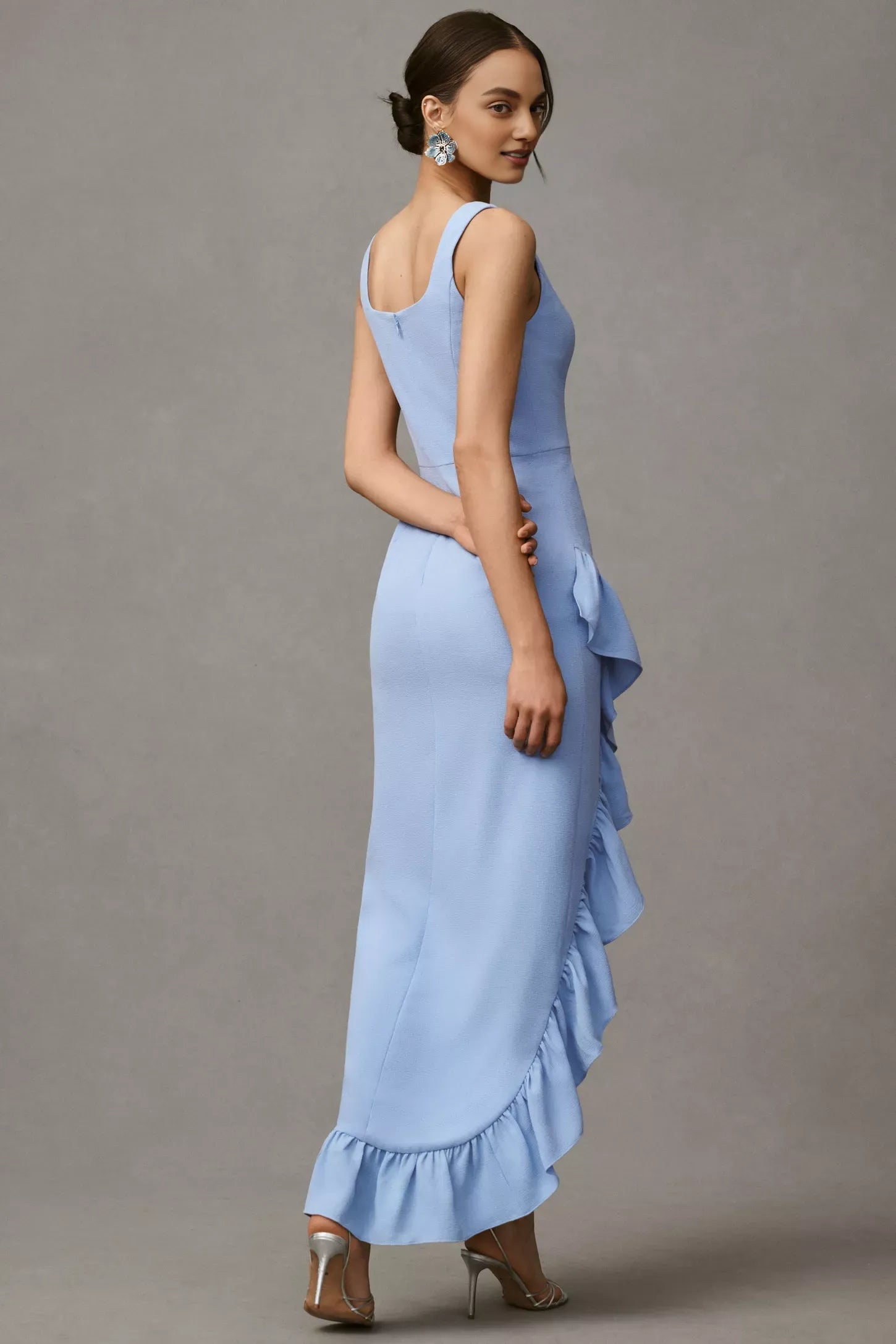 Weitese Dress Wide Straps Sheath Maxi Dress Sleeveless Prom Dress Zipper Up Bridesmaid Dress Solid Color Ruffle