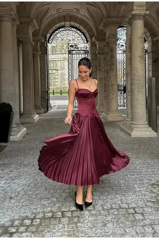 Weitese Dress Wine Red Pleated Satin Maxi Dress Spaghetti Straps A-line Party Dress