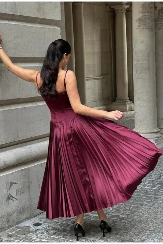 Weitese Dress Wine Red Pleated Satin Maxi Dress Spaghetti Straps A-line Party Dress