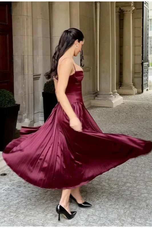 Weitese Dress Wine Red Pleated Satin Maxi Dress Spaghetti Straps A-line Party Dress