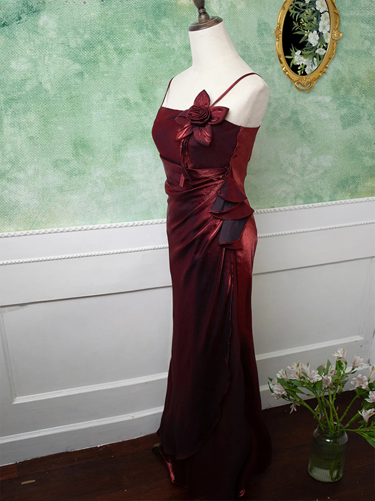 Weitese Dress Wine Red Spaghetti Straps Evening Dress Sleeveless Sheath Party Dress Prom Dress With Flower Embellishment