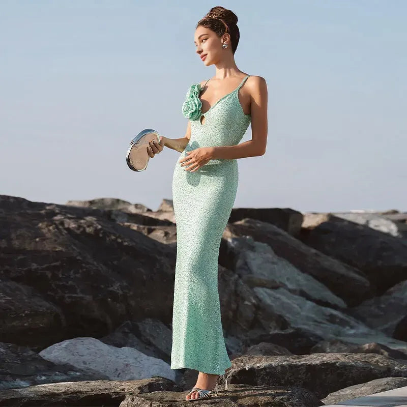 Vestido Weitese para mujer, elegante vestido largo con tirantes finos, escote en V, lentejuelas brillantes, vestido de fiesta de noche para cumpleaños y celebridades. 