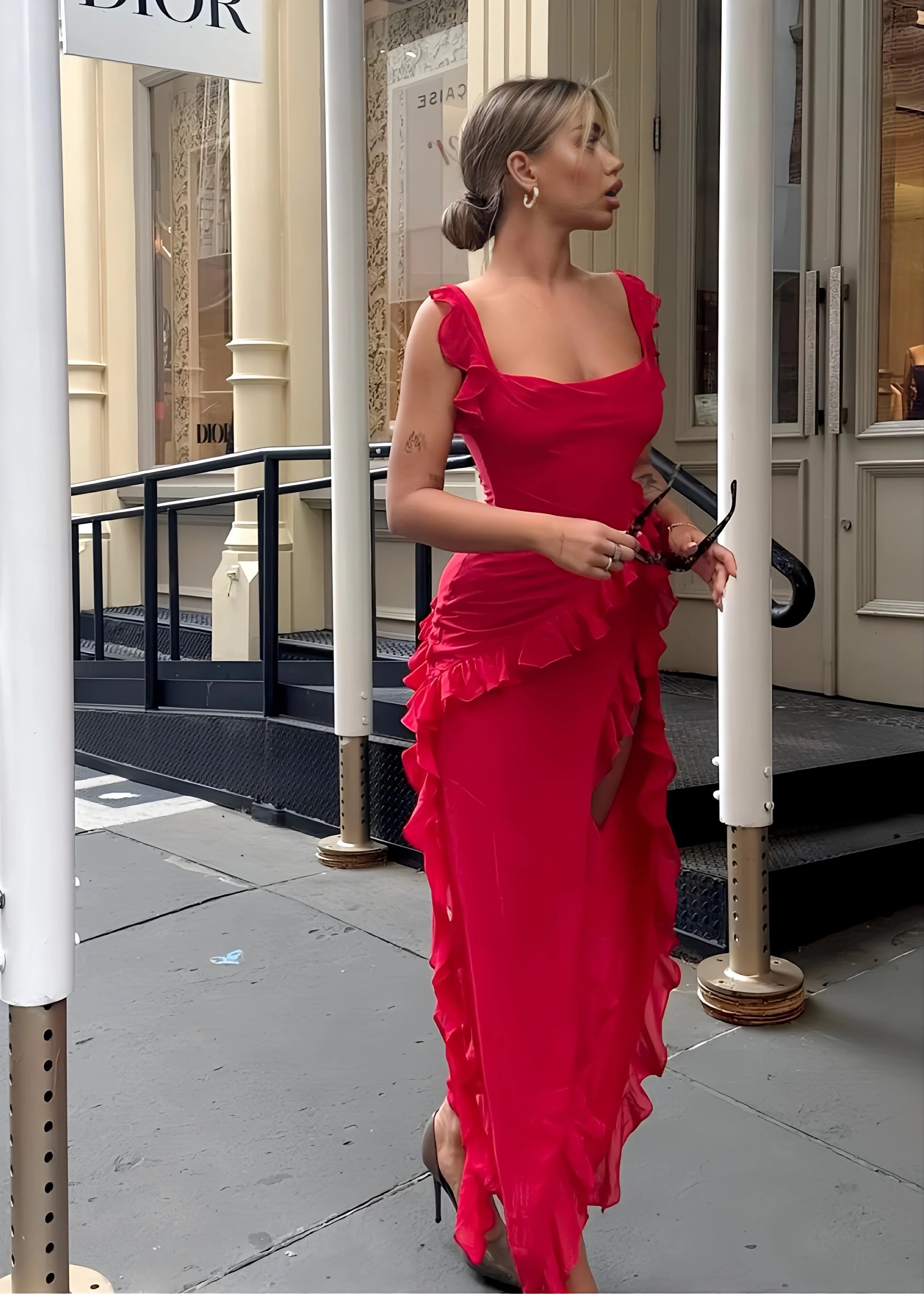 Weitese Dress Women's Sexy Sleeveless High Slit Bodycon Maxi Dress Summer Backless Irregular Ruffle Tassel Party Club Dress