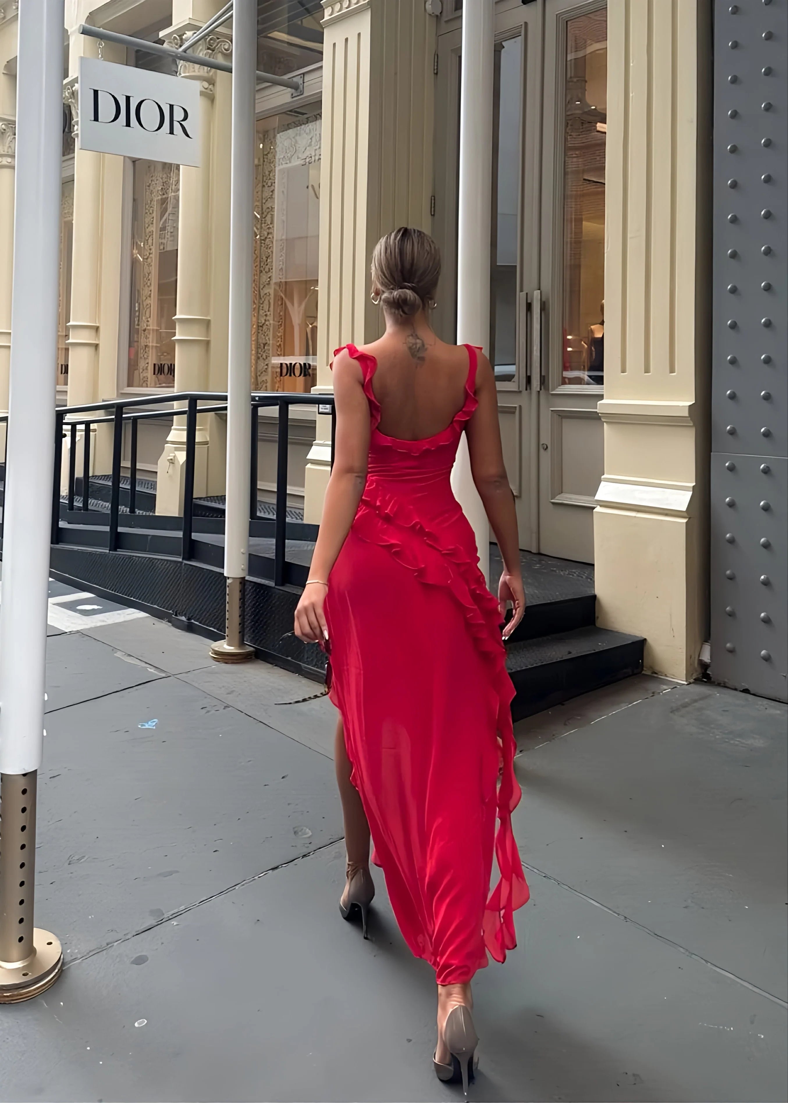 Weitese Dress Women's Sexy Sleeveless High Slit Bodycon Maxi Dress Summer Backless Irregular Ruffle Tassel Party Club Dress