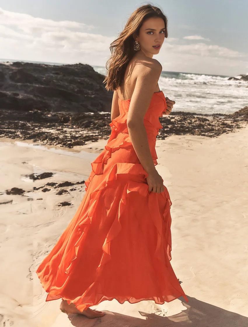 Weitese Dress Women's Sexy Strapless Birthday Party Dress Backless Tassel Ruffle Long Slim Beach Prom Dress